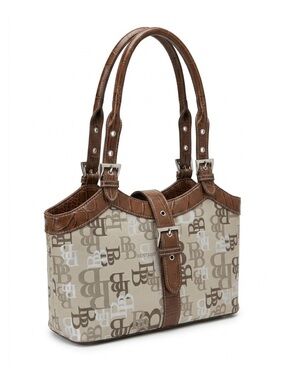 B. Brentano Vintage Y2K Monogram Tote Bag - Brown Faux Croc Trim - Retro Chic